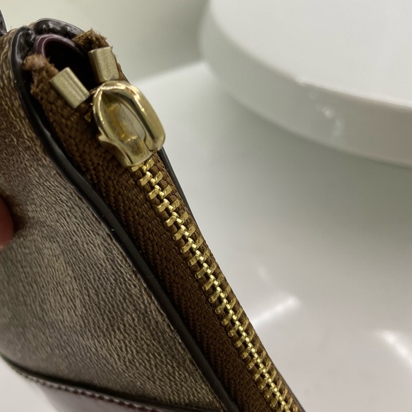 Coach Khaki/ Burgundy Signature PVC Leather Corner Zip Wallet Wristlet - Picture 6 of 6